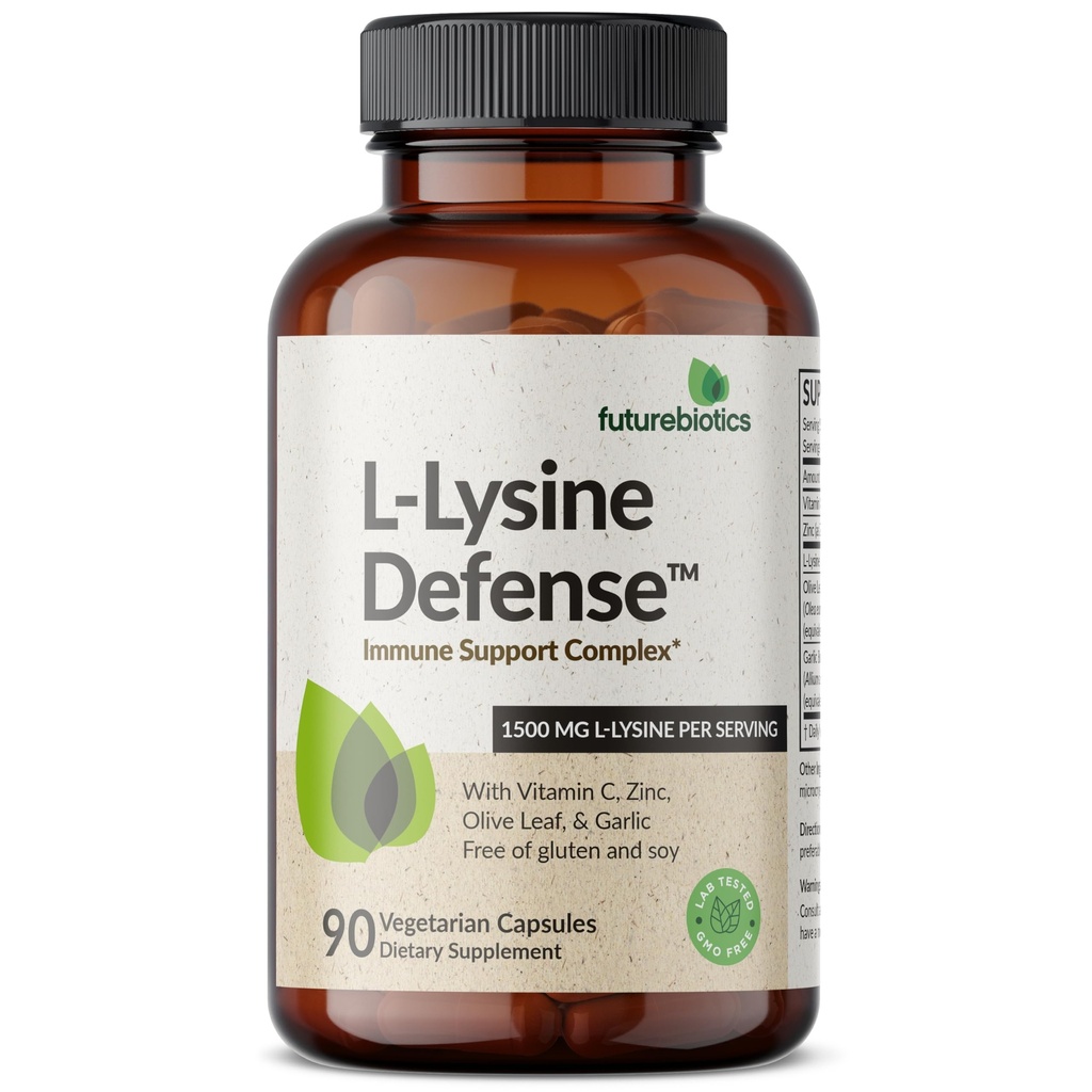 Futurebiotics L-Lysine Defense Immune Support Complex 1500 MG Per Serving med vitamin C, Zink, Olive Leaf & Garlic - Non-GMO, 90 Vegetariska kapslar