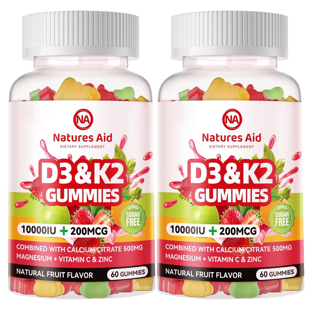 Natures Aid Sokeriton D3-vitamiini K2 Gummies kalsium + K2 (MK-7), magnesiumsitraatti, C-vitamiini, Extra Strength - Ultimate Imeytyminen luulihas hampaat Immuuni, Vegan - 120 Gummies