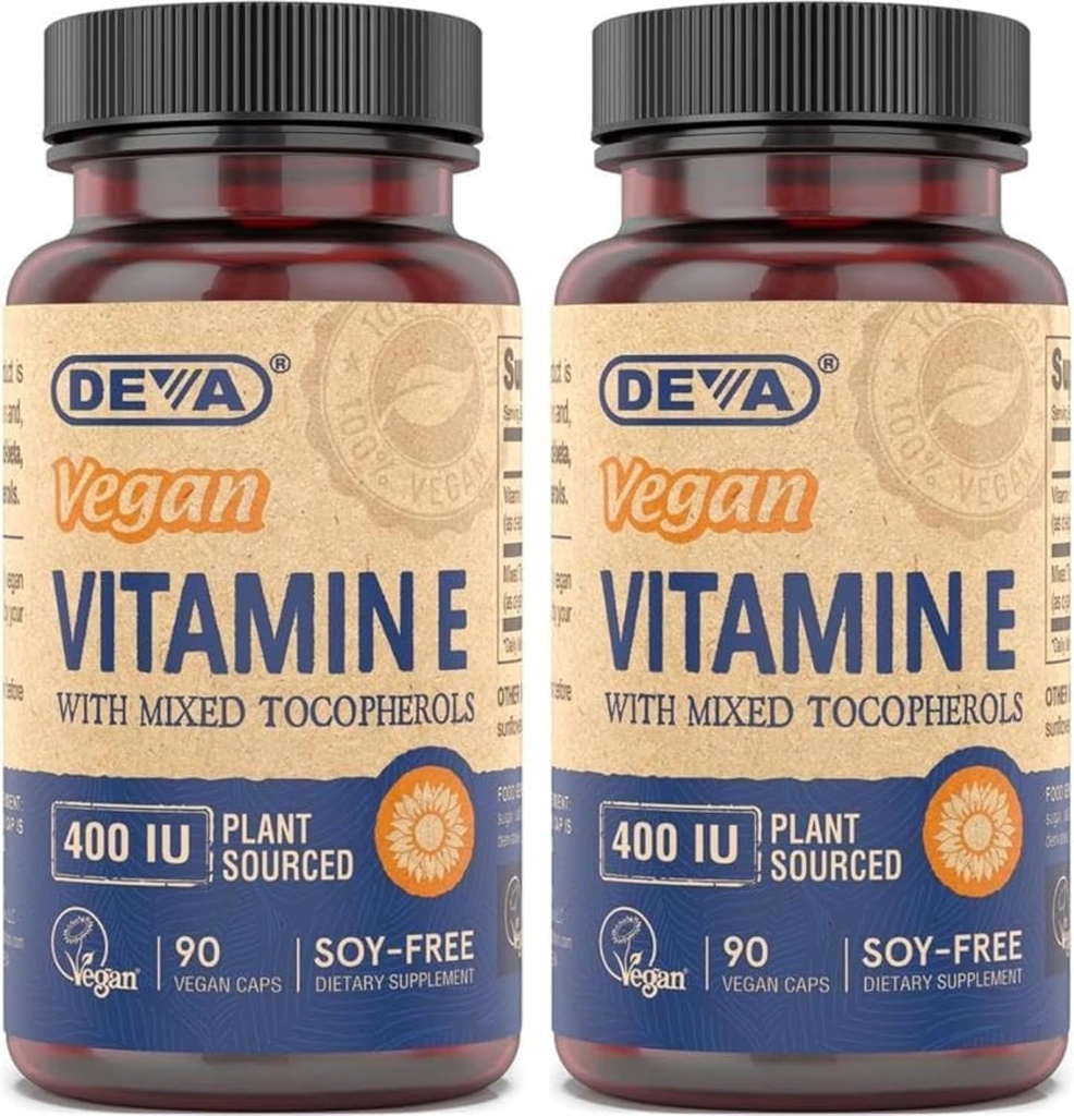DEVA Vegan Natural Source E-vitamiini 400 IU sekoitettujen tokoferolien kanssa, soijaton 90 Veg Caps (Pakkaus 2)