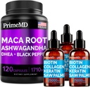 4-i-1 Liquid Biotin Collagen Keratin Saw Palmetto Drops (2 fl oz - 3 Pack) & 6-i-1 Maca Root Ashwagandha w Black Pepper Fruit (120ct) Bundle - Hair, Skin, Nails, Energy & Mood Support Supplement