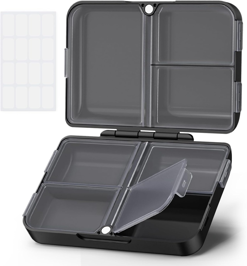 AUVON Daily Pill Organizer Sopii kukkarolla tai taskulla, Compact Travel Pill Box tapauksessa Slim Folding Design ja pitkä-viimeisimmät saranat pitää vitamiini, kalaöljy, täydentää tai koruja(musta)
