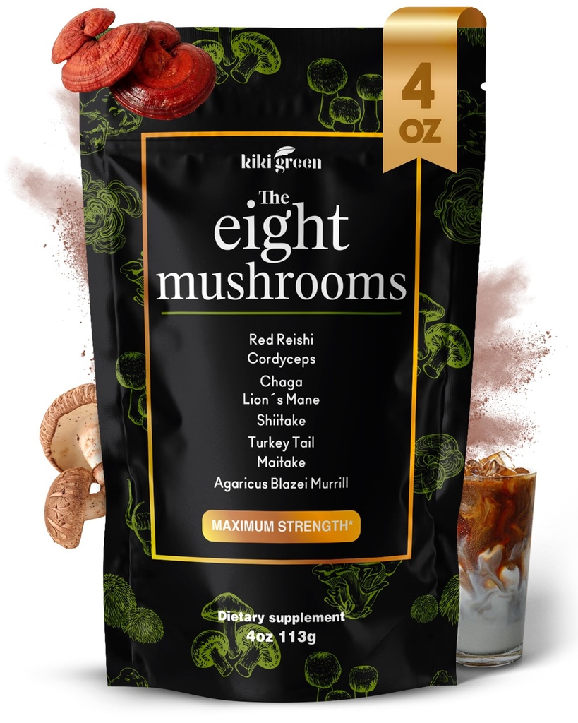 KIKI Green 8 Mushrooms Powder Extract - 4 oz Adaptogenic Complex för kaffe och smoothies - Lion's Mane, Chaga, Reishi, Cordyceps, Maitake, Shiitake - Fokus och energi