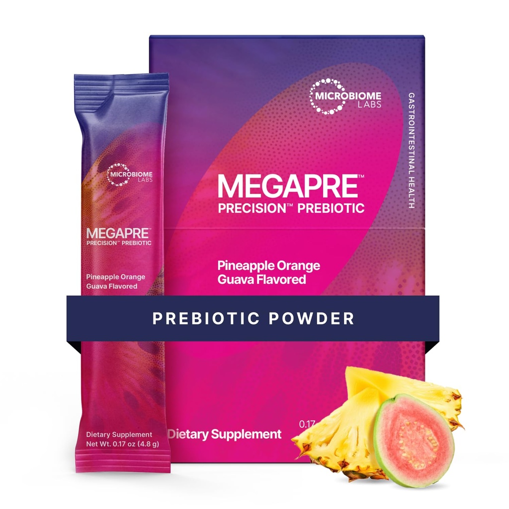 Microbiome Labs MegaPre Prebioottikuitujauhe naisille, miehille ja lapsille - Pre-annos Prebioottikuitu täydennysosa jauhe kliinisesti testattu Oligosakkaridit - Ananas Orange Guava (30 Drink Packets)