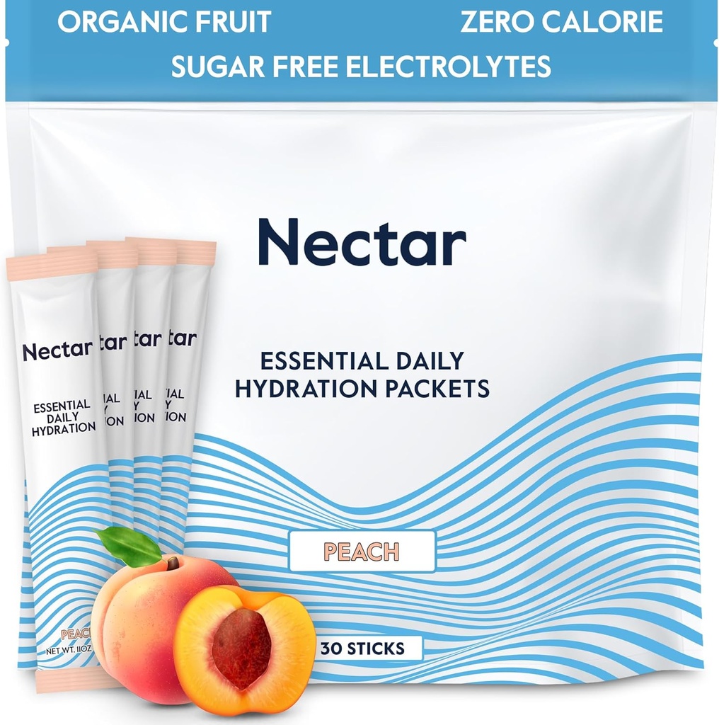 Nectar Hydration Packets - Electrolytes Powder Packets - Sugar Free & 0 Calorie - Organic Fruit Liquid Daily IV Electrolytes Powder för Dehydration Relief & Rapid Rehydration (Peach 30 Pack)