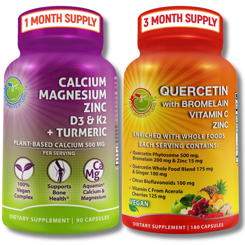 SUPPLEMENTS STUDIO Quercetin med Bromelain, Vitamin C & Zink + Plant-Based Calcium, Magnesium, D3, K2 & Turmeric - 100% Vegan Supplement Bundle för Immune & Bone Support