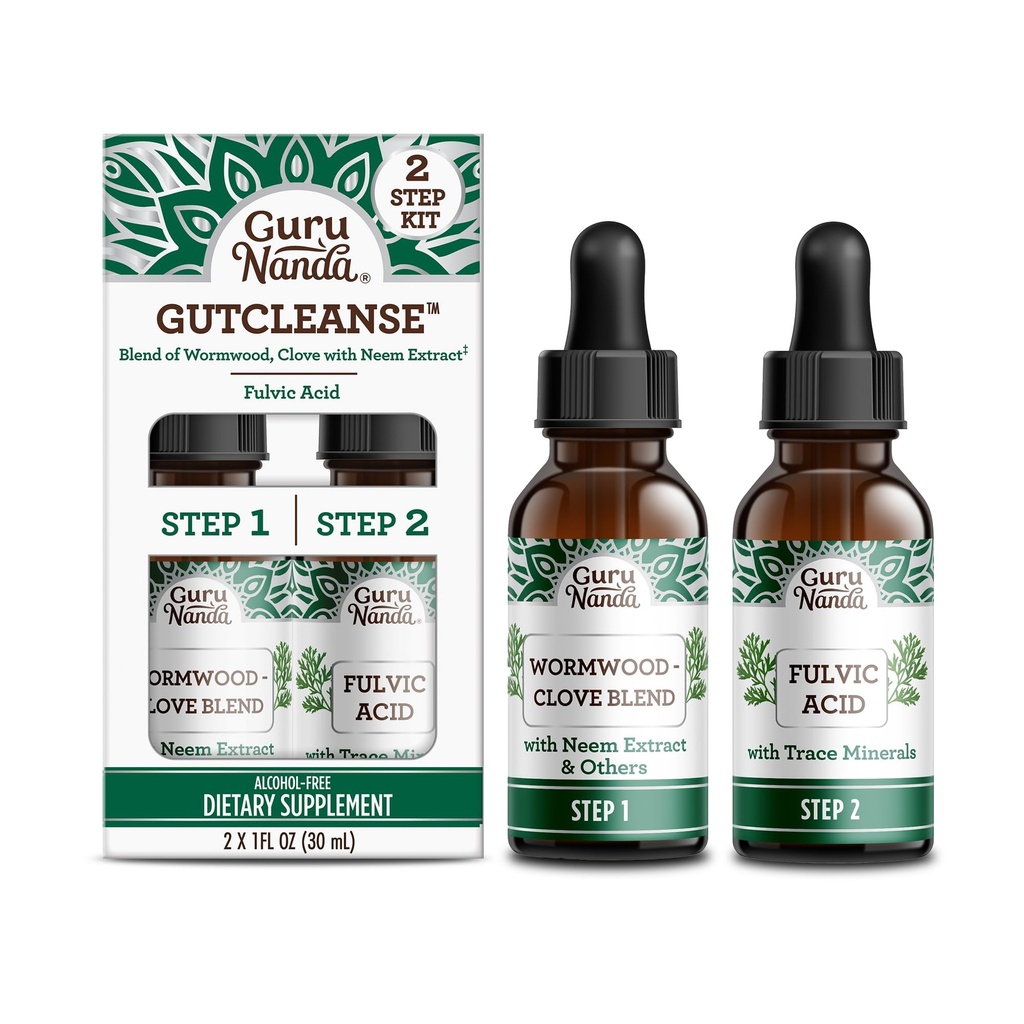 GuruNanda Gutcleanse 2-vaiheinen kit - Ravintolisä auttaa digestio - Blend of Fulvic Acid, Wormwood, Clove & Neem Extract, 2x1 FLOz
