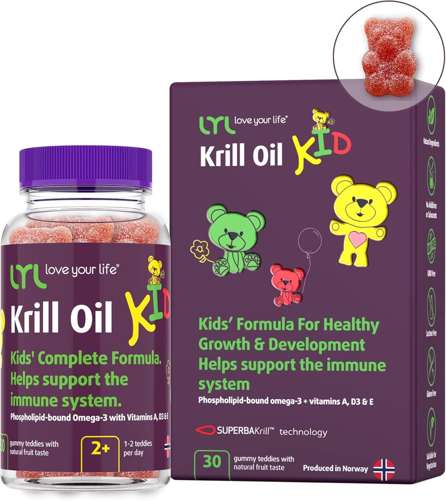 LYL Krill Oil Kid Gummy Bears D-vitamiini 3, E-vitamiini ja A-vitamiini - fosfolipidi-Bound Omega 3 terveeseen kasvuun ja kehitykseen - Gummy Bears with Orange, Apple & Vadelmat maku (Pakkaus 30)