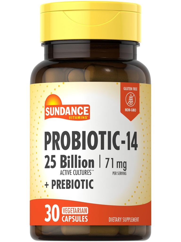 Sundance Probiotic-14 | 25 miljarder kulturer | 30 kapslar | med prebiotika | Vegetarisk, icke-GMO och Gluten fri tillägg