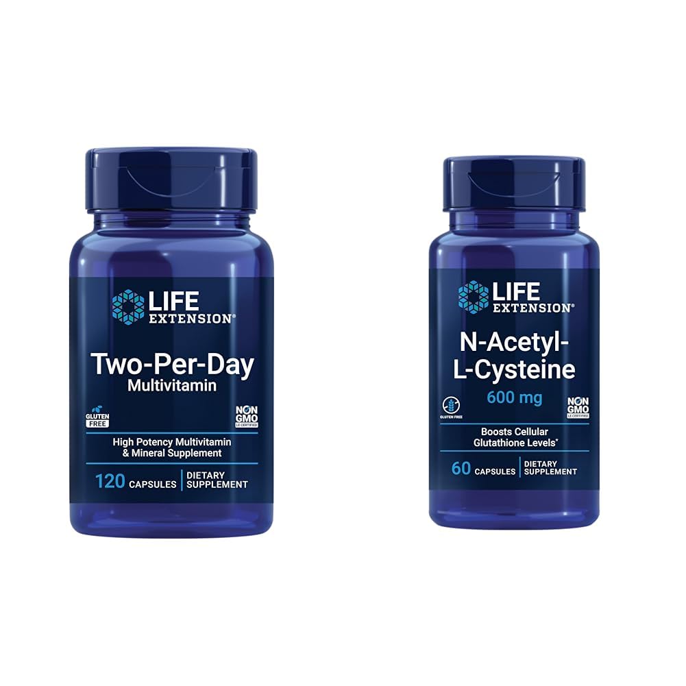 Life Extension Two Per-Day Multivitamiini, Vitamiinit B, C, D, sinkki, 25 vitamiinit, Mineraalit & uutteet, 120 kapselit Bundle N-Asetyl-L-Cysteine (NAC) 600 mg, 60 kapselit