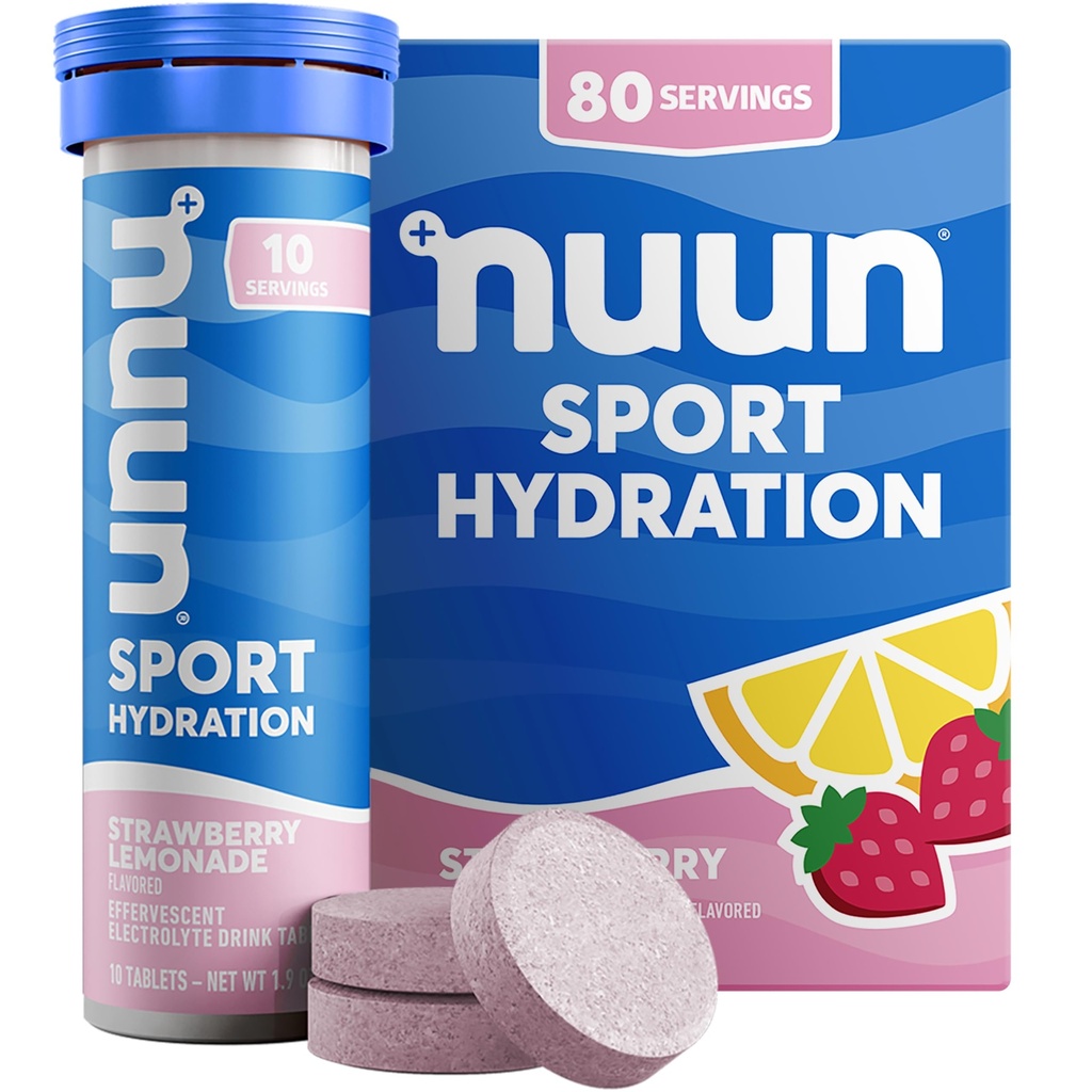 Nuun Sport Elektrolyyttitabletit, joissa magnesiumia, kalsiumia, kaliumia, kloridia ja natriumia, gluteeniton ja vegaaninen, mansikkasitruunaa, 8 pakkausta (80 tarjoilua yhteensä)