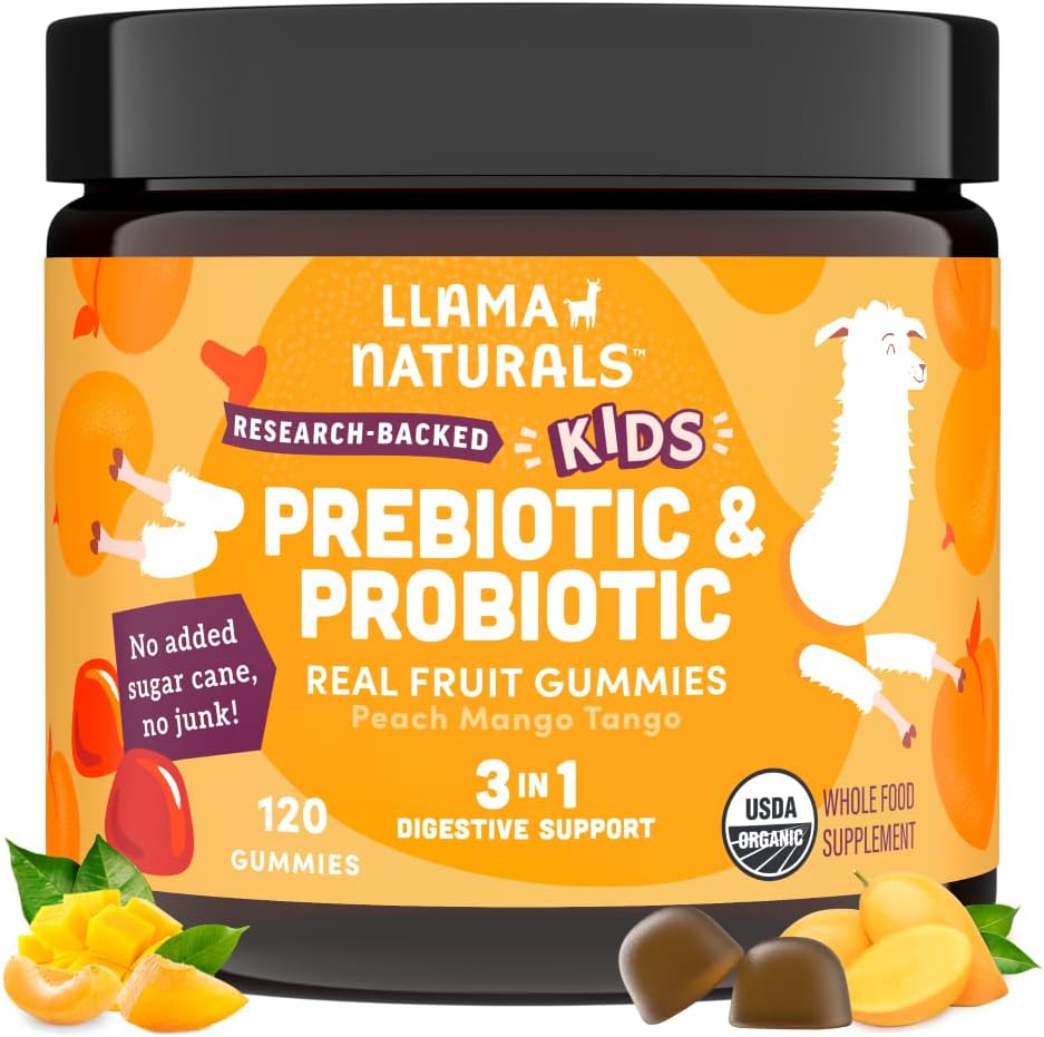 Llama Naturals Kids Probiootti Prebioottikuitua, Vegan, Organic Prebiootit ja Probiootit Gut Health Support, Toddler Real Fruit Gummy Vitamiineja, Ei lisätty sokeriruoko, Persikka Mango, 120 Ct