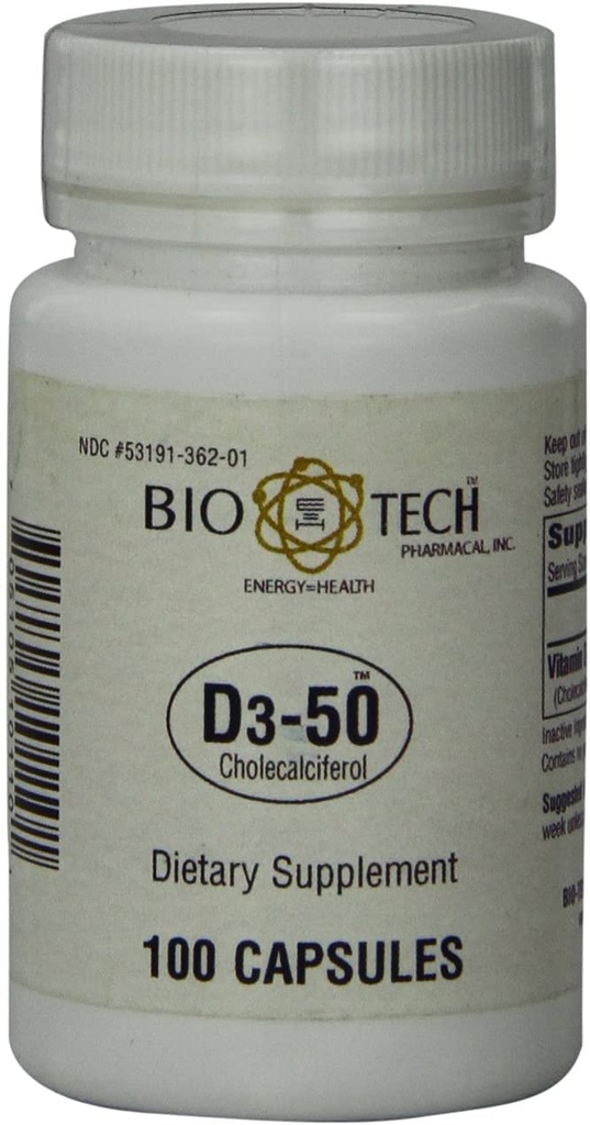 Bio-Tech Pharmacal D3-50 50 000 IU, 100 kapselia - Kaikki luonnolliset täydennysosat - Tukee luuta, sydänlihaskudosta ja immuuniterveyttä - Ei meijeriä, kalaa, gluteenia, maapähkinää, simpukkaa, & soijaa