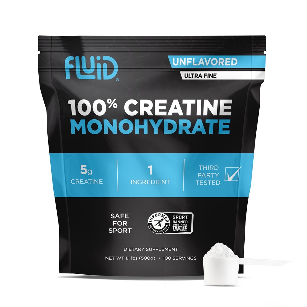 Fluid Creatiini - 100% Creatiini Monohydraatti Kuiva-aine, makuamaton, informoitu Sport Certified, 5g per tarjoilu (100 tarjoilua)