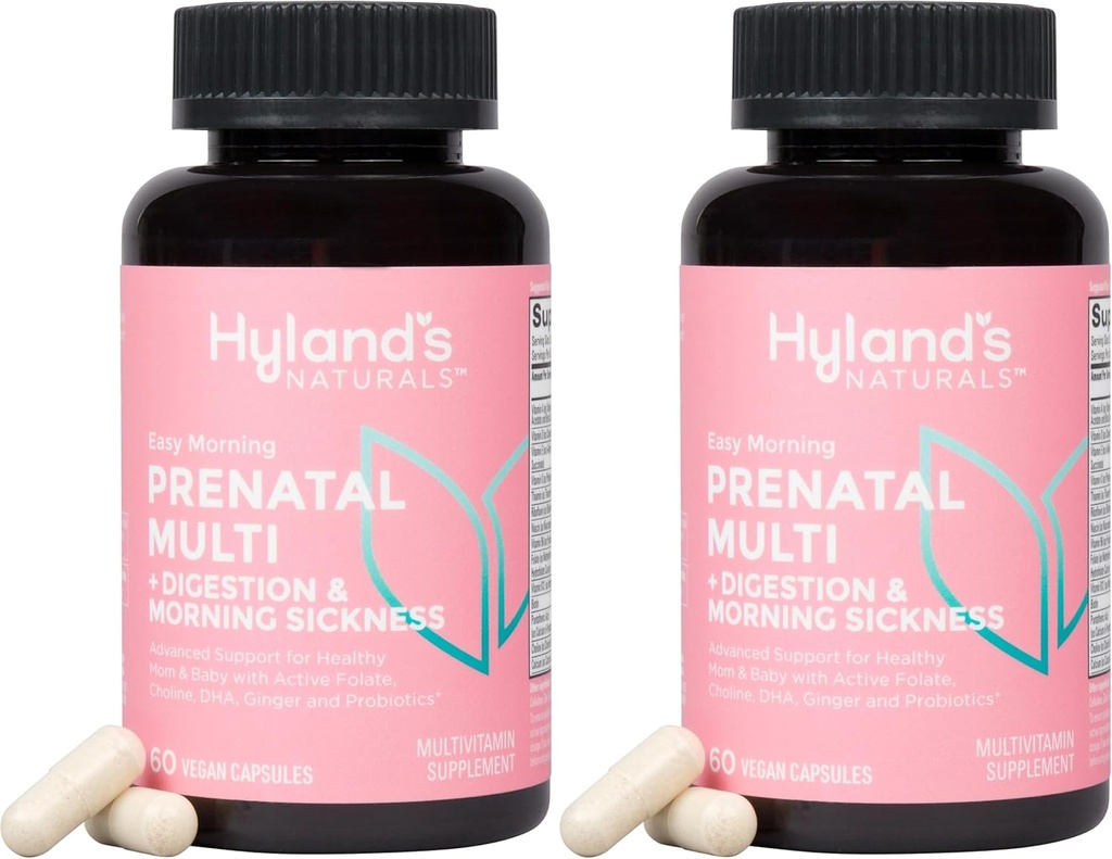 Hylands Easy Morning Prenatal Multivitamin och Digestive Health and Morning Sickness Relief, 60 Vegan Capsules, med Folate, Choline, Zink, Ginger Root, Prebiotics och Algae DHA (Pack of 2)