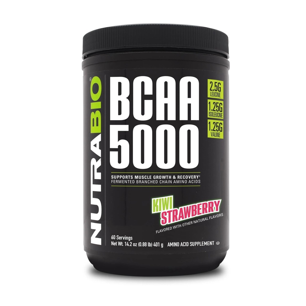 NutraBio BCAA 5000 Jauhe - Vegan Fermented BCAAs - Tukee Lean Muscle kasvu, elpyminen, Endurance - 60 Tarjoilut - Kiivit Mansikka