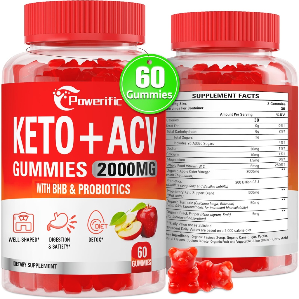 Apple Cider Vinegar Gummies, Keto ACV Gummies Max Strength 2000mg Apple Cider Vinegar med Mother, Probiotics & Vitamin B12, för Digestion, Metabolism, Cleanse & Detox Diet, 60 Count