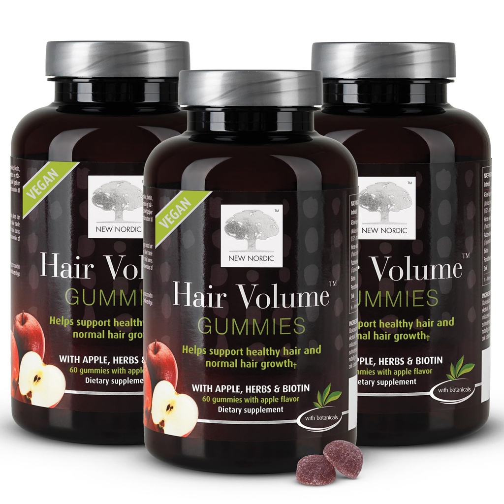NEW NORDIC hiusten tilavuus Gummies, 2500 mikrog Biotiini, Päivittäiset hiukset vitamiinit täydentää tukea hiukset iho ja kynnet, vegaaninen, 60 kreivi (pakkaus 3)