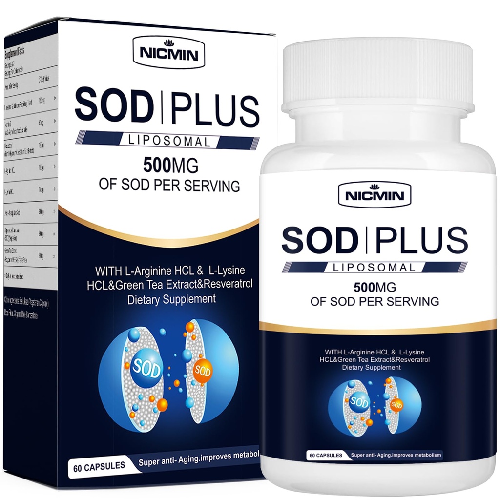 Superoksidi Dismutaasi Supplement 500mg - SOD Lisäksi liposomaalinen glutationi, AKG, vihreä teeuute, L-arginiini, Lysiini, Resveratrol ja E-vitamiinia immuunitukeen, antioksidantti 60 kapselia