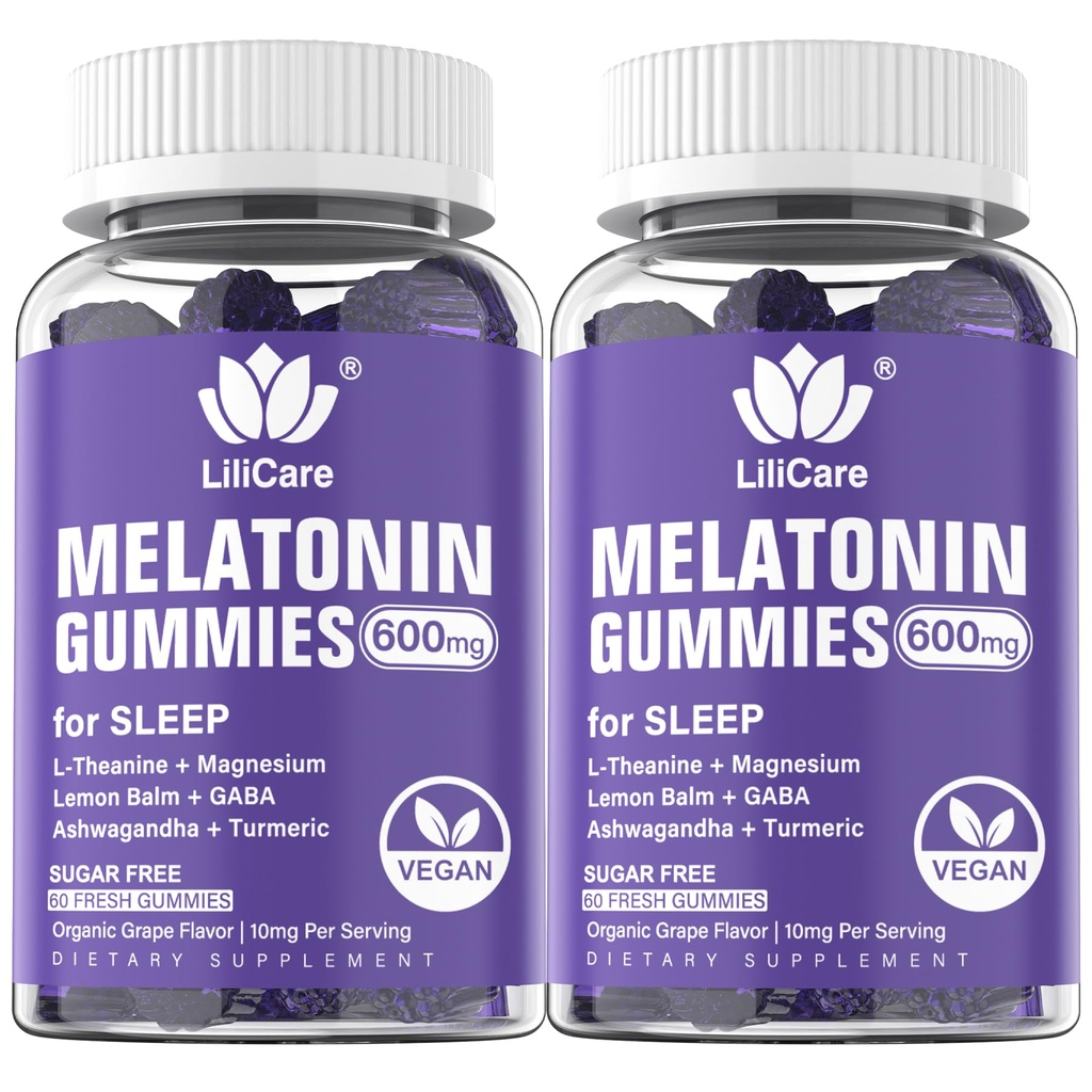 Melatoniini 20 mg Gummies for Aikuinen (2 pakkausta) Extra Strength L-Theanine, Ashwagandha, Magnesium, Turmeric, GABA, sitruuna Balm ja kamomilla tukea Terve Circadian Rhythm, Rypäle Flavor