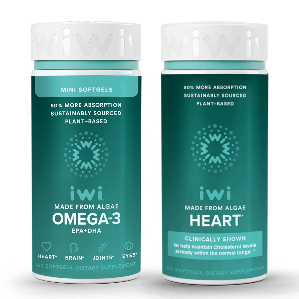 Iwi Omega-3 Minis & Heart Omega-3 Bundle, 30 portioner, Vegan Plant-Based Algae Omega 3, Krill & Fish Oil Alternative, No Fishy Aftertaste
