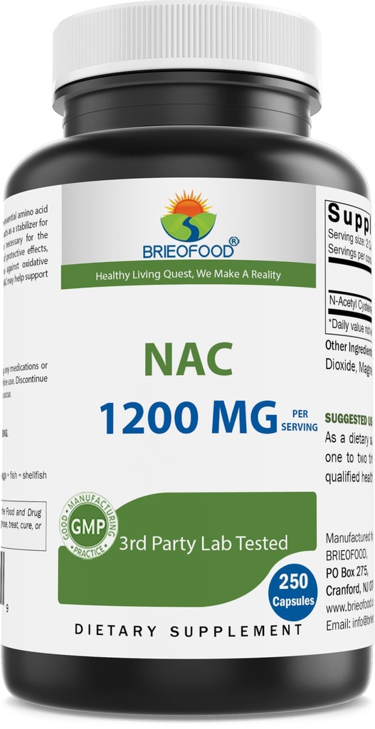 Brieofood NAC Supplement N-Acetyl Cysteine 1200 mg per servering 250 kapslar - Immun Support Supplement