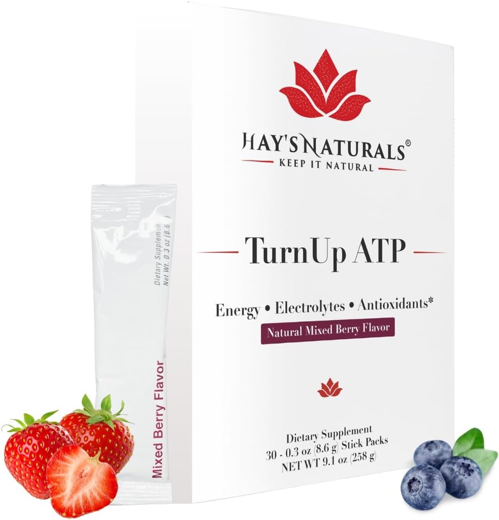 Hay's Naturals Turn Up ATP - 30 Packets | Sugar-Free Energy Drink Mix, Pure ATP, B-Vitaminer, Electrolytes & Purenergy | 5g Carb | Muscle Recovery | Mixed Berry Flavor