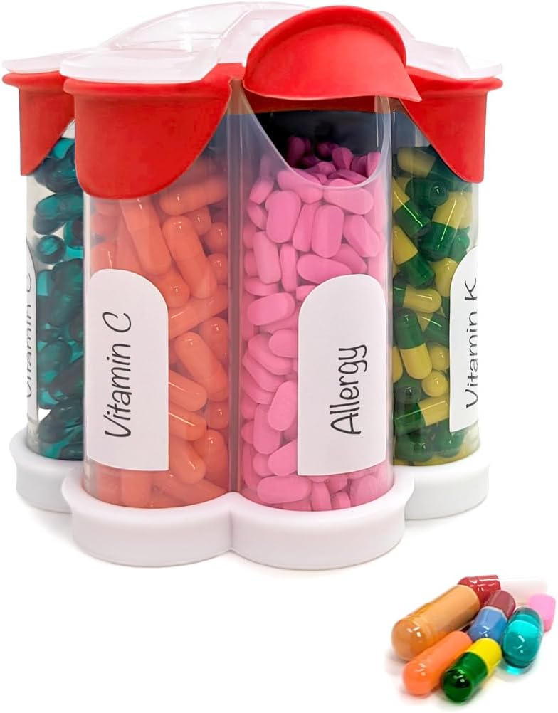 Erittäin suuri pilleri Organizer Päivittäin, Viikoittain, Kuukausittainen täydennysosa pullo, Söpö kukkia pilleri Jakaja 7 XL Osastot, Helppo-avoin pilleri laatikko vitamiineja, lääkkeitä, etiketit mukana (punainen)