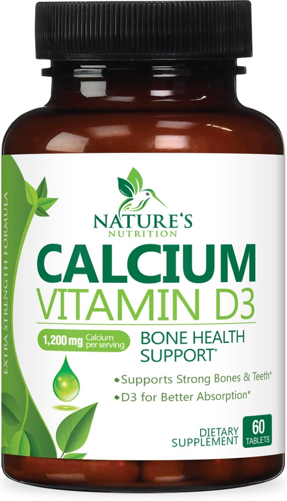 Calcium Supplement 1200 mg - D3-vitamiini paras imeytyminen - tukee immuuni terveyttä, luut ja hampaat - luonnon kalsiumkarbonaatti + 1600 IU D3 - pullo Yhdysvalloissa naisten ja miesten - 60 tablettia