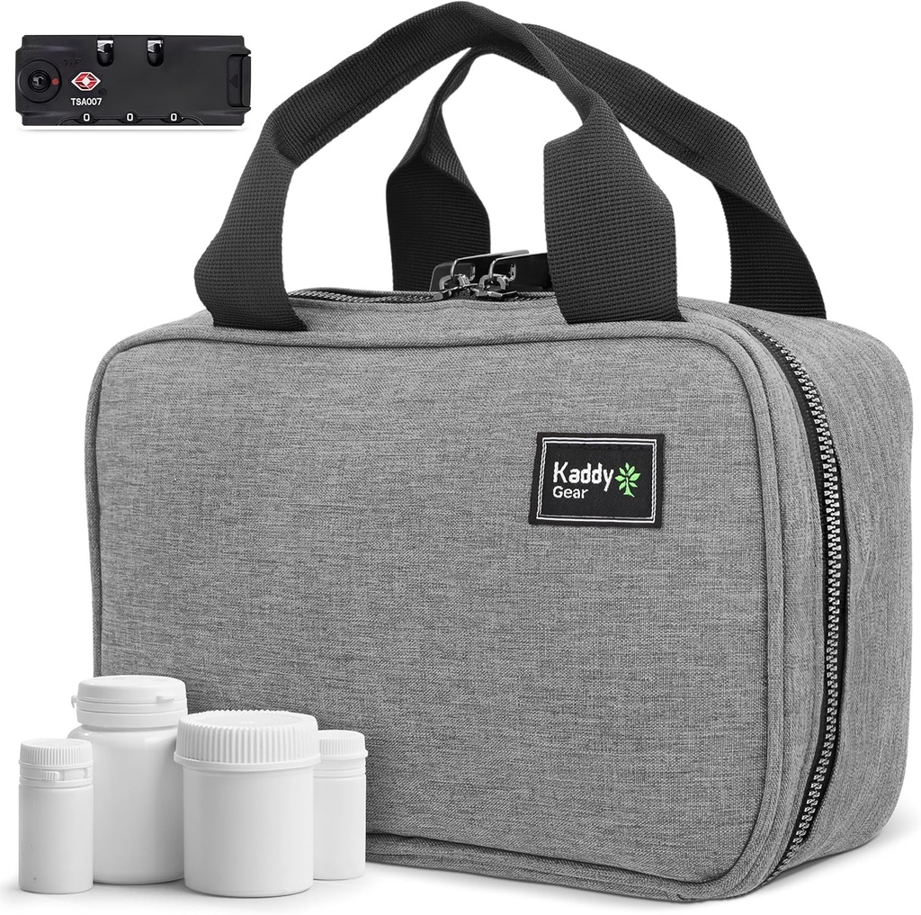 Kaddy Secure Pill Organizer Box, Lagring för flaskor av medicin eller kosttillskott; Toalett; Resa eller hem, TSA Godkänd Lock(Grey)