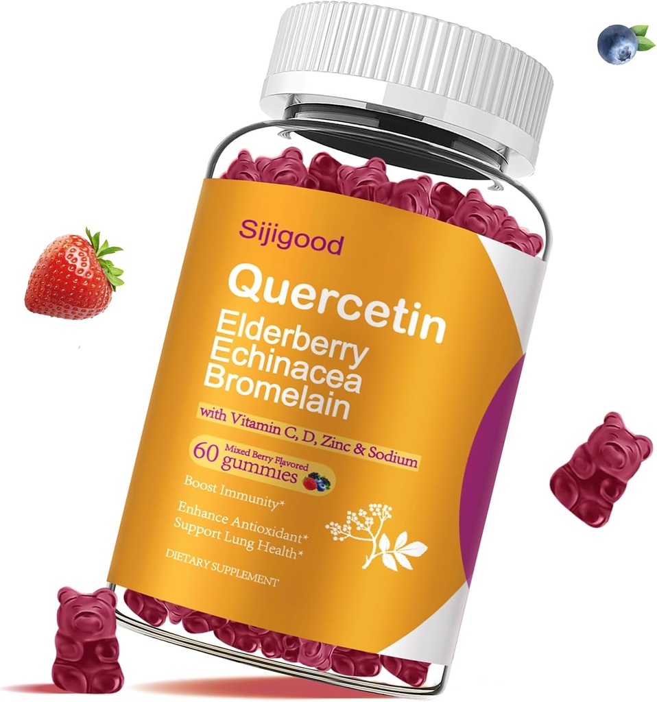 Quercetin Gumies with bromelain, Elderberry, Echinacea, C-vitamiini D Sinkki - Immunomy System Support 60 Counts Pure Quercetin Gumies for Kids & Aikuinen