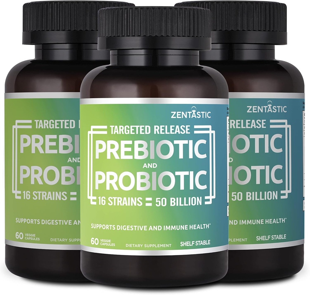Zentastic Probiotics & Prebiotika Supplement - 50 miljarder CFU - för Män & kvinnors immun & Digestive Health - 16 Stammar - Shelf Stable - 180 fördröjd frisättning Veggie Capsules