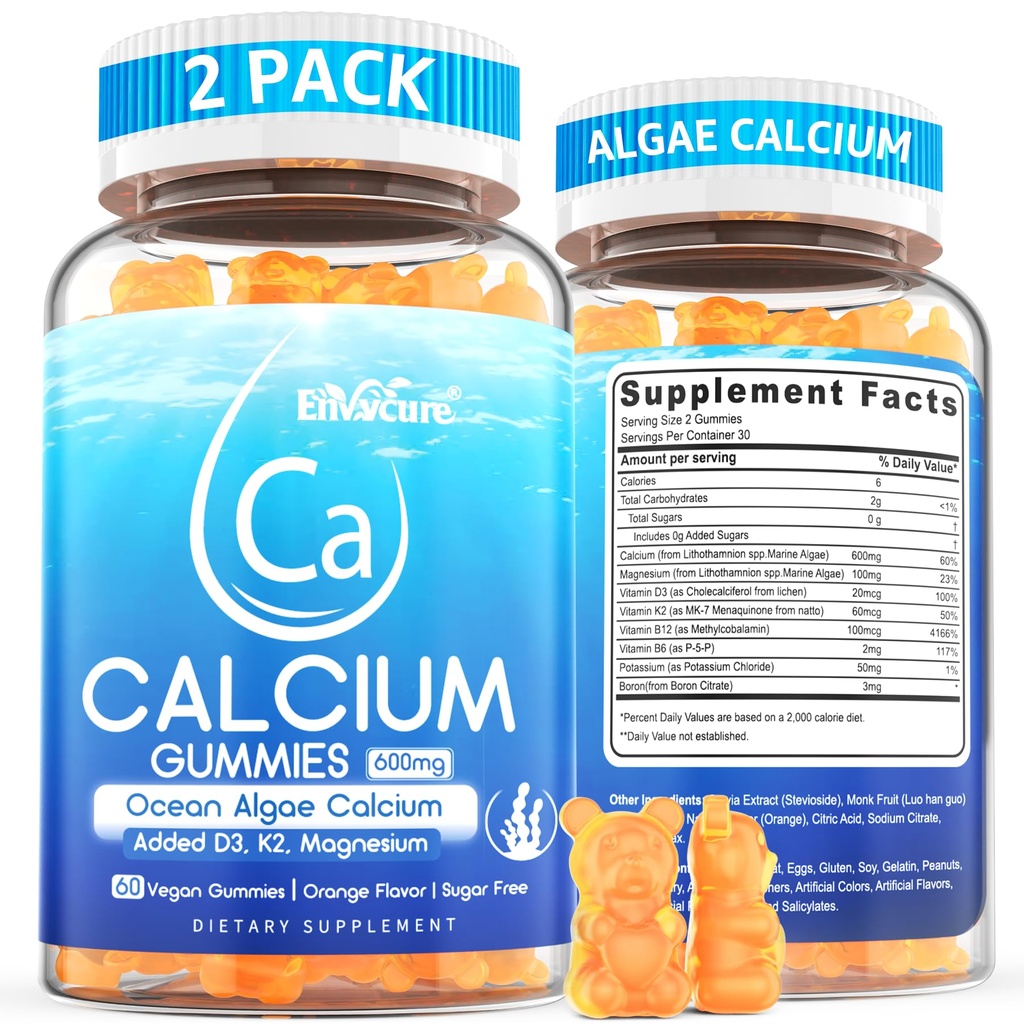 Calcium Gummies 600 mg - Kalsiumlisä naisille, Ocean Algae Kalsium D3- vitamiini, K2, Magnesium ...