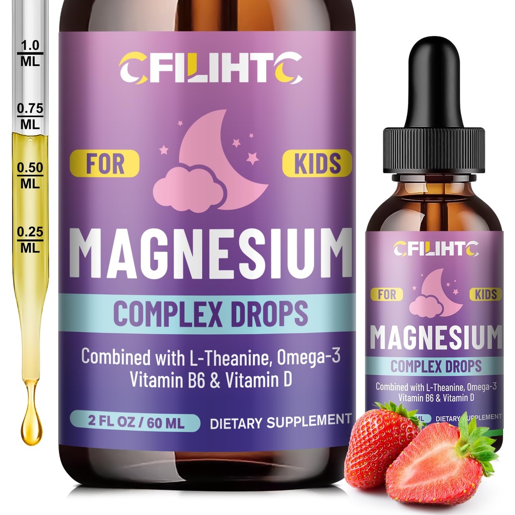 Barn Magnesium Liquid Drops-Magnesium Glycinate Liquid för barn Supplement-w / L-theanin, Omega-3, Vitamin B6, D3 - för sömn, Relaxation, Brain, Bones - 2 Fl Oz Children's Calm, Strawberry Flavor