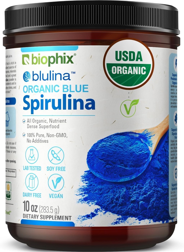 biophix Blue Spirulina Powder Organic Blulina 10 oz - Algae Organic Spirulina Powder 283 Servings - Superfood Superfood Supplement - Natural Blue Pigment - Epirulina en Polvo Organica Pura Azul