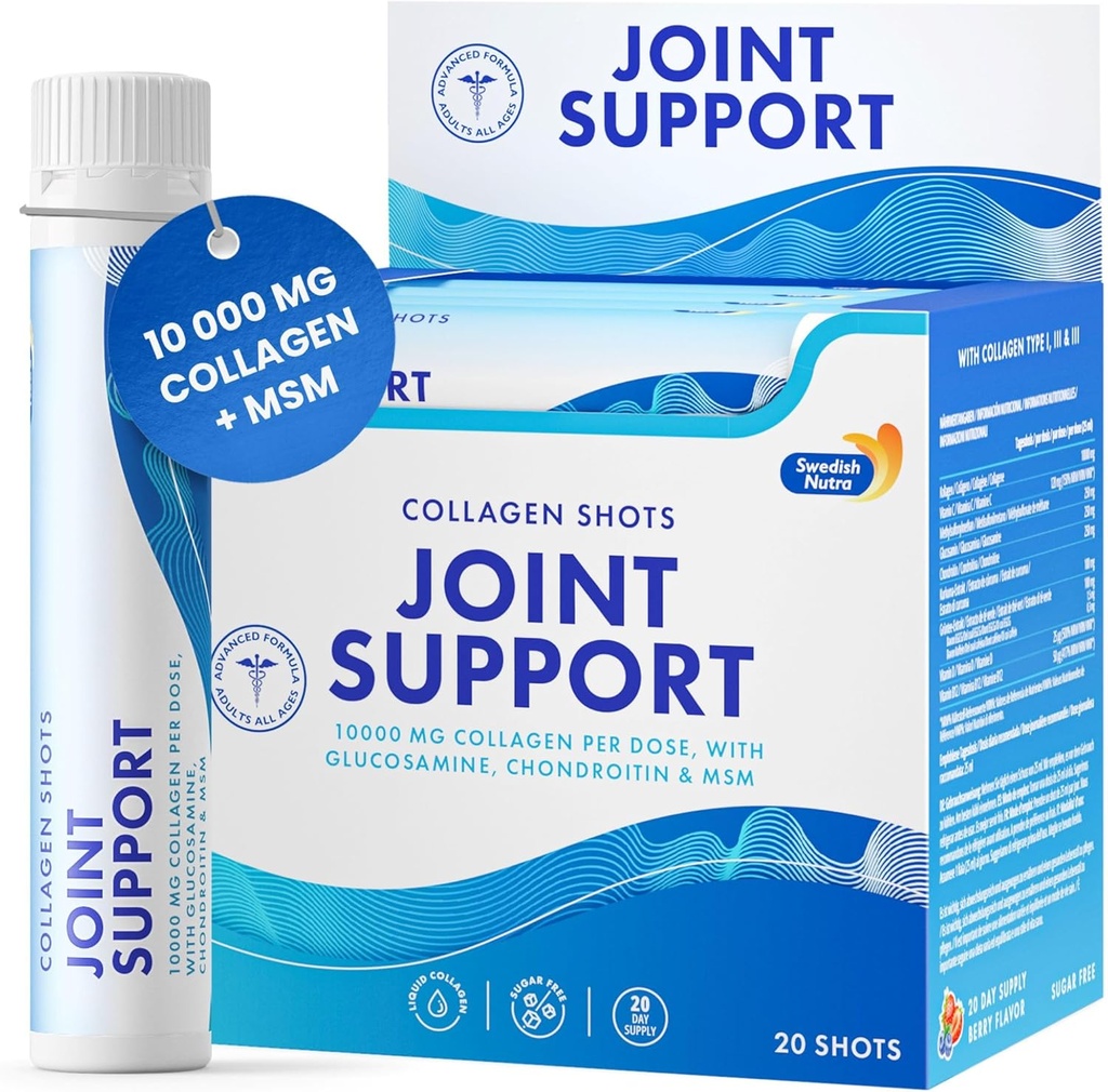 Swedish Nutra - Joint Support Shots I 10 000 mg Collagen tyyppi I, II & III I Glukosamiini, MSM, Chondroitin, Turmeric I 100% Natural Flavour I Sokeriton - 20 Shots per Box