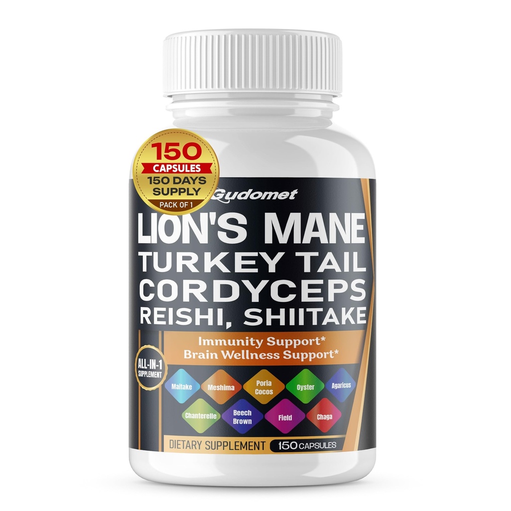 Organic Lion's Mane Turkey Tail Cordyceps Reishi Shiitake Maitake Meshima Poria Cocos Oyster Mushroom Agaricus Chaga Shiitake Snow Mushroom -150 Kapselit- Valmistettu USA