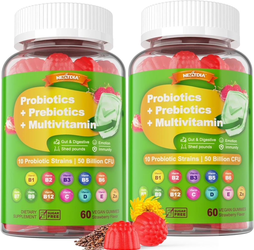 Vegan Probiootit Gummies for Women & Men - Kuitu Prebiootit Lisäravinteet ... 50 miljardia PMY:ää Probiootit, inuliini, Psyllium husk & multivitamiini for Gut, Digestion & Immuno Health,2 Pack