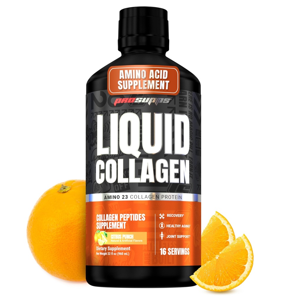 PROSUPPS Amino23 Liquid Collagen Shots, Citrus Punch - Collagen Peptide Post Workout Supplement Supports Healthy Aging, Joints, Skin & Hair - Gluten-Free & Zero Sugar - 16 portioner
