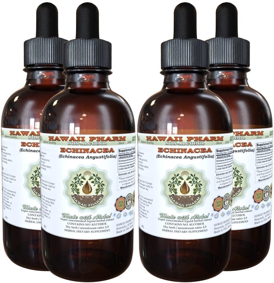 Echinacea Alcohol-Free Liquid Extract, Echinacea (Echinacea Angustifolia) Torkade Root Glycerite Hawaii Pharm Natural Herbal Supplement 4x4 oz