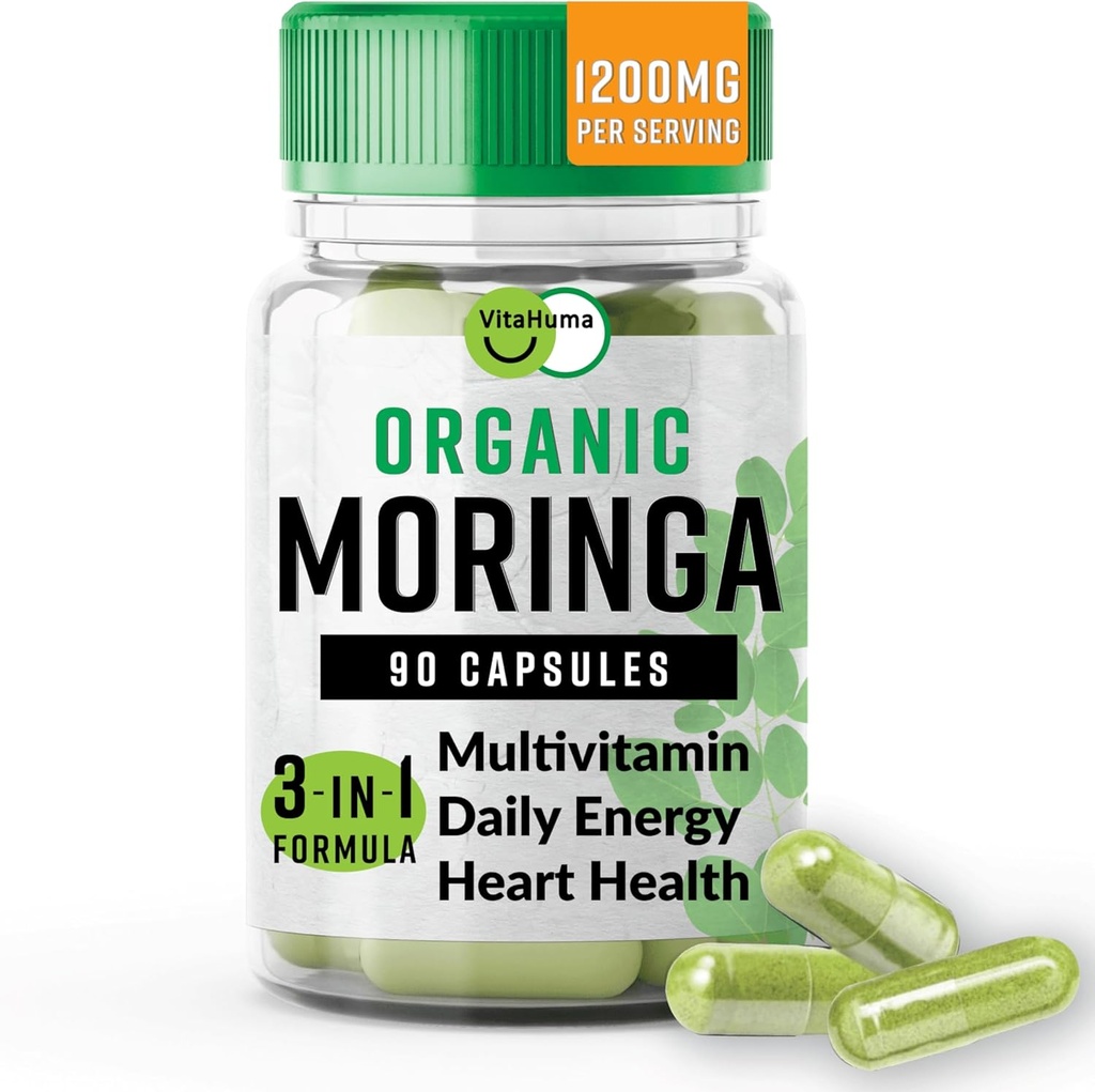 Organisk Moringa, näringsrika antioxidantstöd med vitamin C, A, E, Calcium, kalium, järn, magnesium, protein och aminosyror för hydrering och energi, Vegan, 1200 MG Per Servering, 90 CT