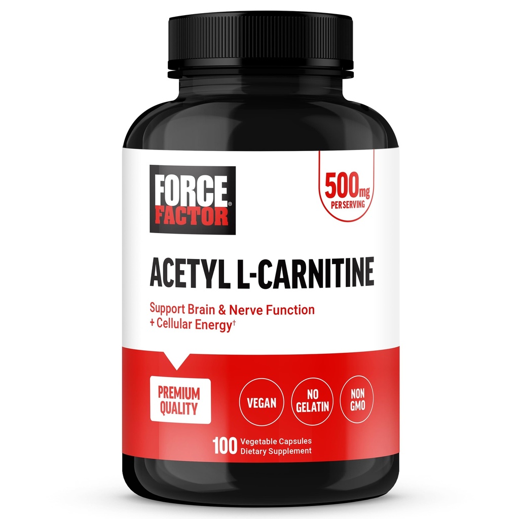 Force Factor Acetyl L-Carnitine Brain Supplement, Nerve Support Supplement, ja Cellular Energy Booster, Acetyl L-Carnitine 500mg, Premium Quality, Vegan, ei-GMO, 100 Vihanneskapselit