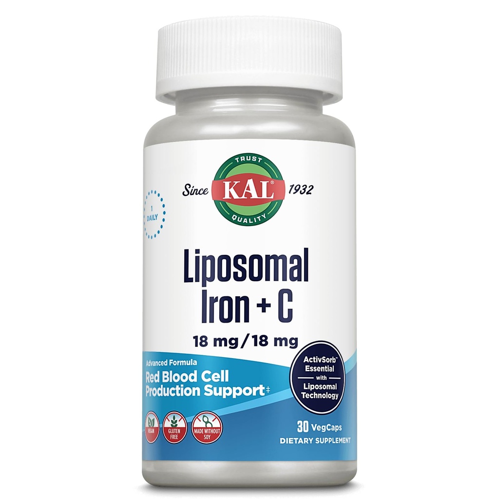 KAL Liposomal Iron Supplement med Liposomal Vitamin C, Järn Supplement för kvinnor och män, Hög Absorption, Gentle Iron Pills, Vegan, Gluten Free, 30 portioner, 30 VegCaps