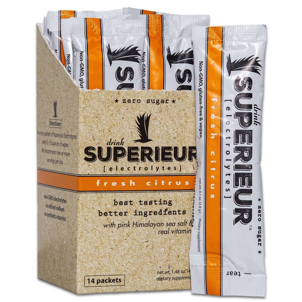 Superieur Electrolyte Powder Packets - Vegan Electrolyte Hydration Powder W/Sea Minerals - Keto Friendly, Non-GMO, Zero Sugar Electrolyte Supplement - Healthy Sports Drink - Citrus (14 Packets)