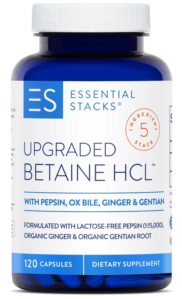Essential Stacks Betaine HCL med Pepsin, Ox Bile, Organic Gentian & Ginger - Betaine Hydrochloride Supplement w Digestive Enzymes, Bile & Bitters - Gluten, Dairy & Soy Free (120 kapslar)