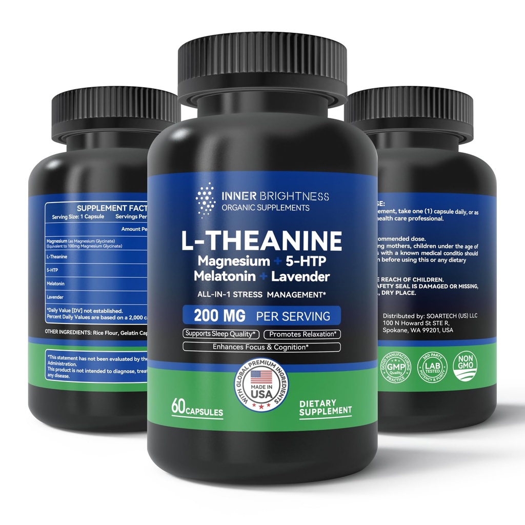 L Theanine 200mg, Magnesium, 5-HTP & Melatonin - All-in-1 L-Theanine Supplement för stressavlastning, fokus och kognition, sömn - 60 kapslar