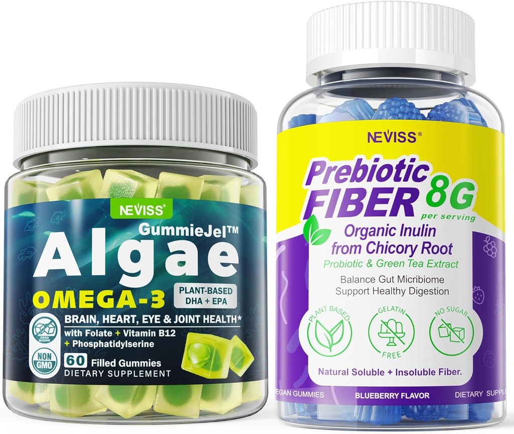 Vegan Omega 3 Gummies 1000mg + Prebiotiska Fiber Gummies för vuxna 8g