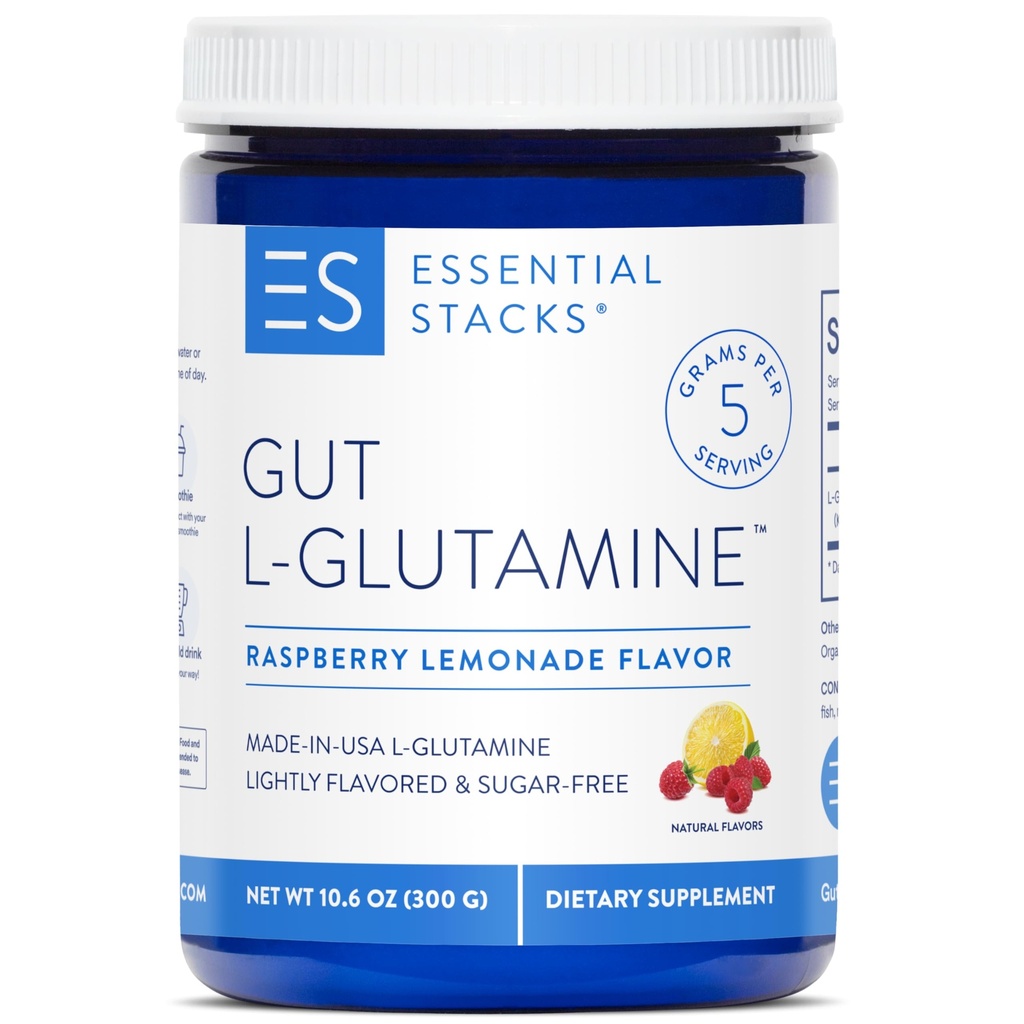 Essential Stacks Gut L-glutamine Powder - Exclusively Made in USA - Pure L Glutamiini Powder for Gut Health (50 tarjoilua, vadelma sitruunamehua)