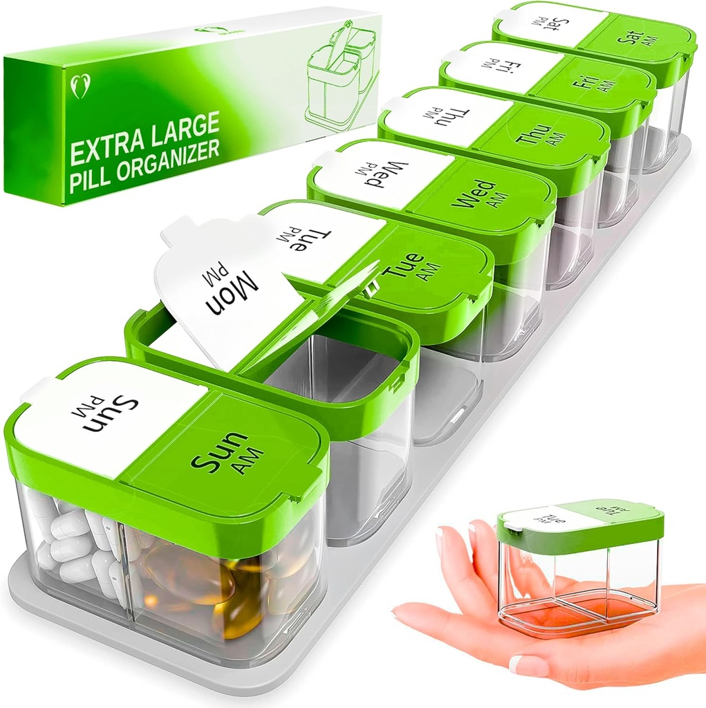 Erittäin suuri viikoittain pilleri Organizer - XL-vitamiinin haltija 7 irrotettavat PM-osastot - Kannettava lääketieteen Dispenser kotiin ja matkailuun, iso lisäpakkaus viikoittain tai päivittäin käyttöön, vihreä