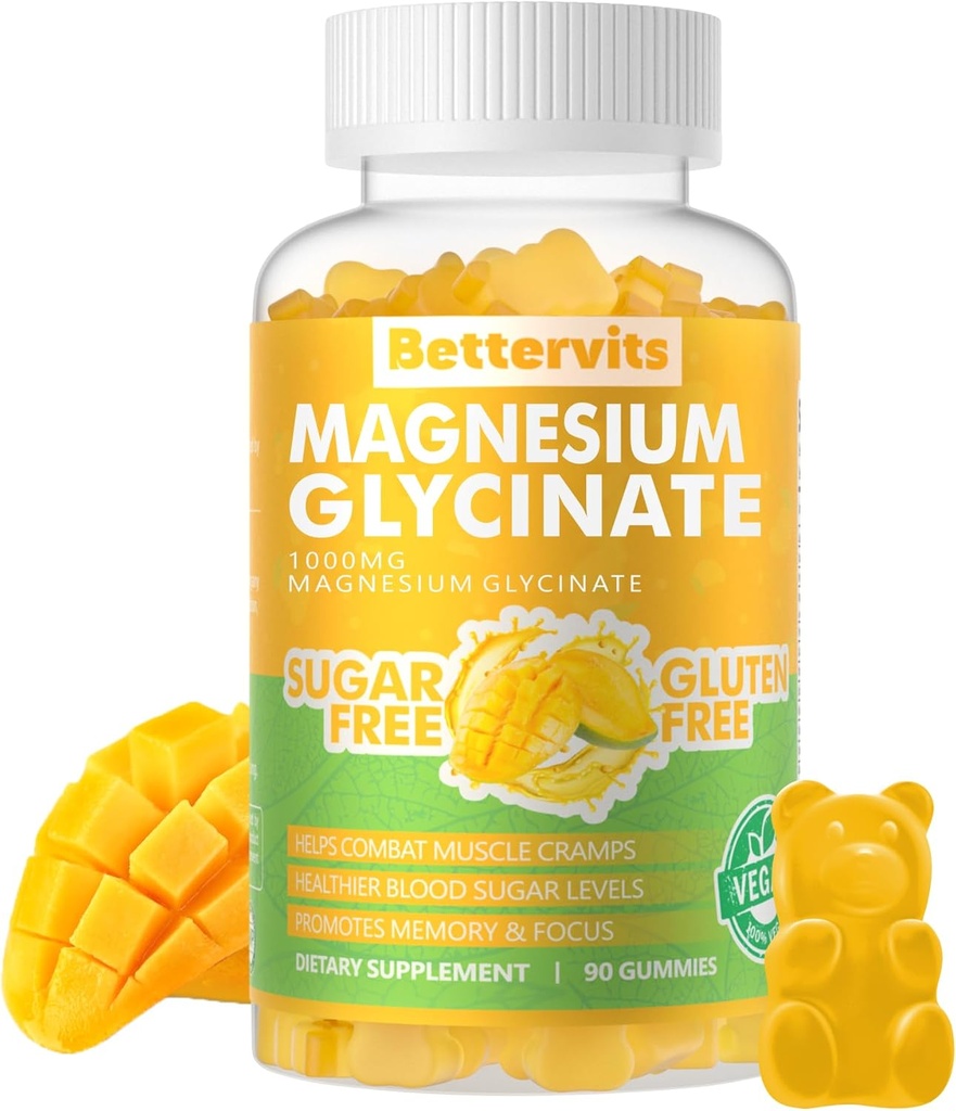 90 CT Magnesium Glycinate Gummies 1000 mg - Sokeriton magnesium Kaliumlisä D-vitamiini, B6, CoQ10 rauhoittaa mielialan ja uni tuki - 90 Mango Ananas Gummies