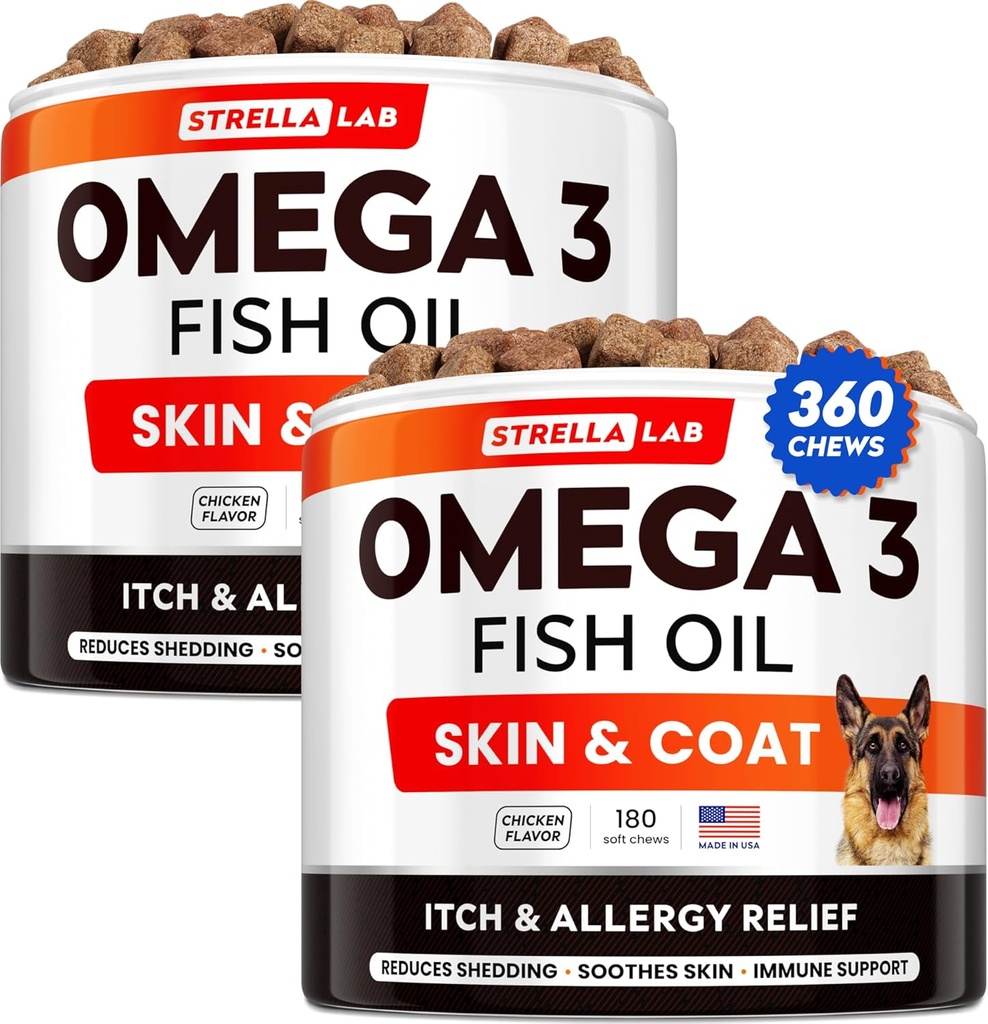 STRELLAB Omega 3 för hundar - (360Ct) fiskoljebehandling - Allergy & Itch Relief Skin & Coat Supplement - Torr Itchy Skin, Anti Shedding & Hot Spots Behandling - Pet Salmon Oil Chews - Chicken Flavor
